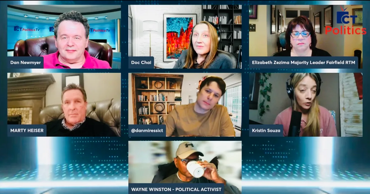 Dan Newmyer hosting a CT Voter Mash panel with guests on a live video call